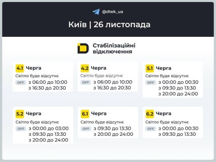 Графики отключений в Киеве 26 ноября