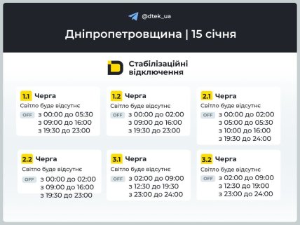 Графики отключений в Днепропетровской области 15 января