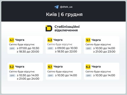 Графіки відключень світла у Києві 6 грудня