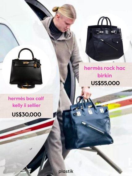 Ерлінг Голанд з сумками hermes box calf kelly II sellier та hermes rock hac birkin