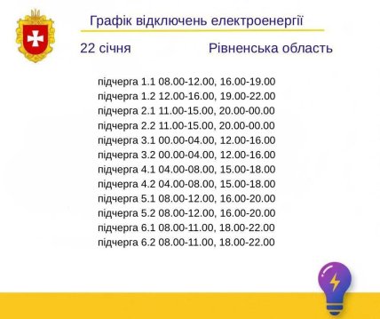 Графики отключений в Ровенской области 22 января
