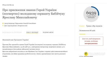 Сторінка петиції про присвоєння Ярославу Бабійчуку звання Героя України з лічильником підписів