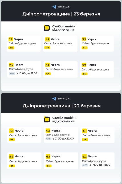 Графік відключення світла у Дніпропетровській області 23.03.2026