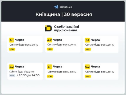 Графік відключень на Київщині за 30 вересня