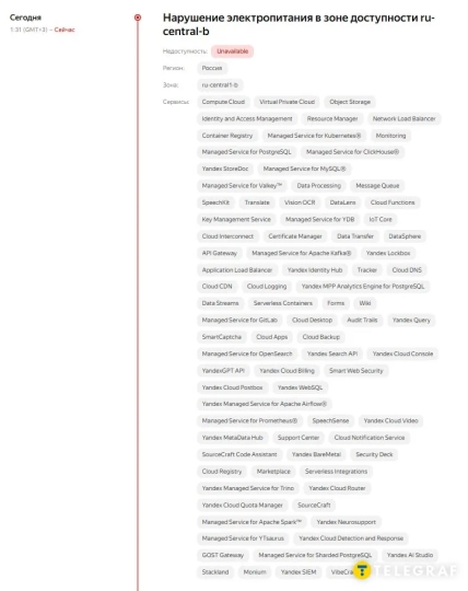 Сообщение о нарушении электроснабжения в зоне доступности ru-central-b