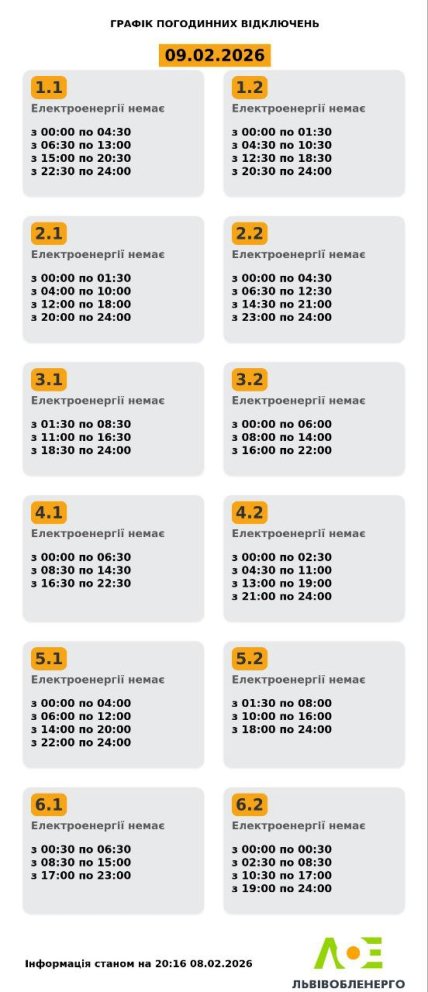 График отключения света во Львовской области 09.02.2026