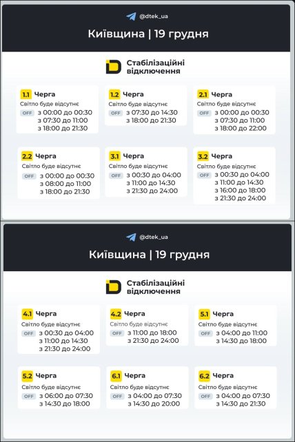 Графік відключення світла в Київській області 19.12.2025