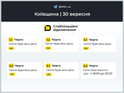 Графік відключень на Київщині за 30 вересня