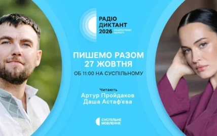 Портреты мужчины и женщины на голубом плакате Радиодиктанта 2026