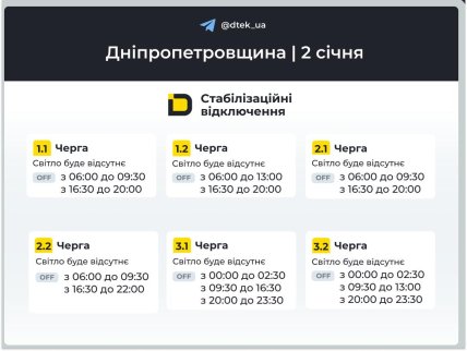 Графики отключений в Днепропетровской области 2 января