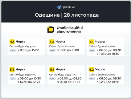Графіки відключень в Одеській області 28 листопада