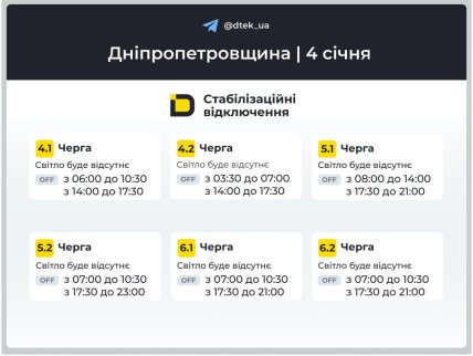 Графики отключений в Днепропетровской области 4 января