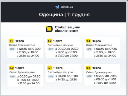 Графики отключений в Одесской области 11 декабря