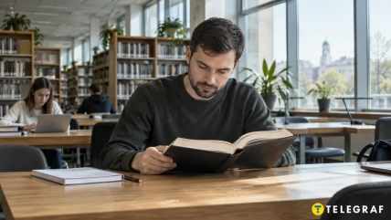 Мужчина читает раскрытую книгу за столом в библиотеке