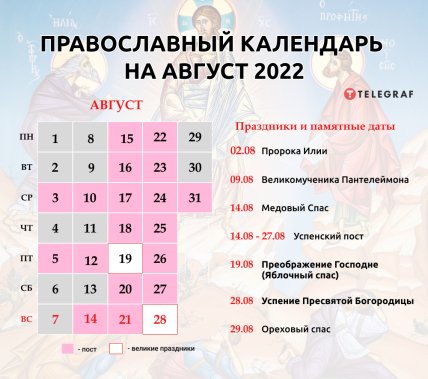 Православный календарь на август 2022 года