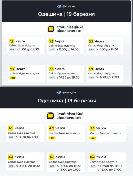 Графіки відключень в Одеській області 19 березня