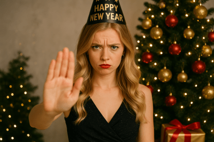 Женщина в черном платье на Новый год.