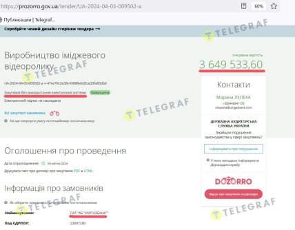 Скриншот Prozorro – закупка Укргазбанком ролика за 90 тысяч долларов
