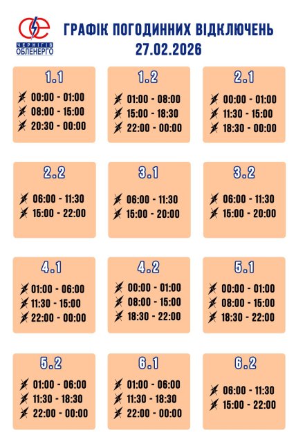 Графіки відключень у Чернігівській області 27 лютого