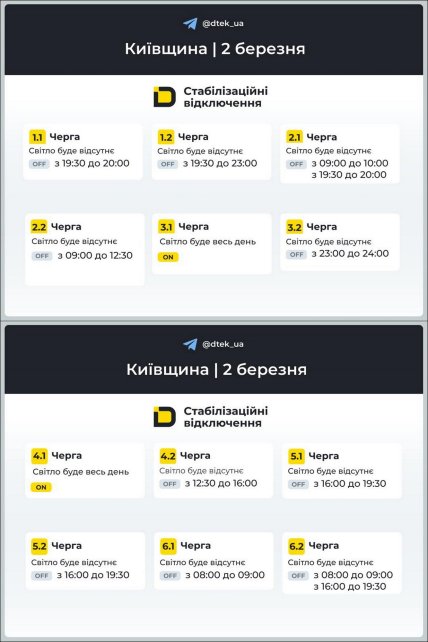 График отключения света в Киевской области 02.03.2026