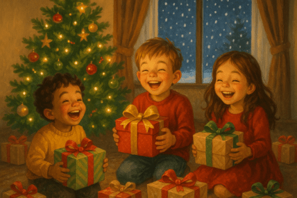 Дети радуются новогодним подаркам