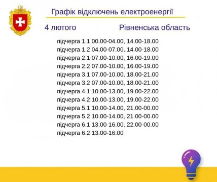 Графіки відключень у Рівненській області 4 лютого