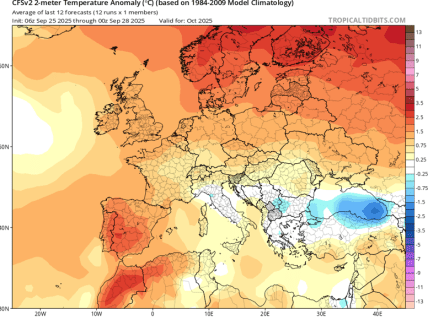 Середня температура повітря в Європі у жовтні 2025 року