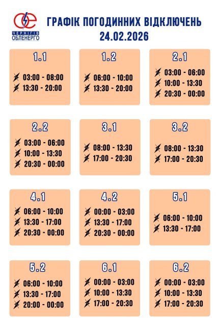 Графики отключений в Черниговской области 24 февраля