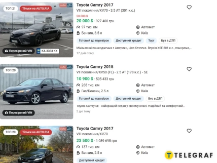 Три оголошення про продаж Toyota Camry з фотографіями чорних седанів