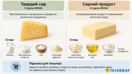 Инфографика сравнивает твёрдый сыр и сырный продукт, их состав и группы NOVA
