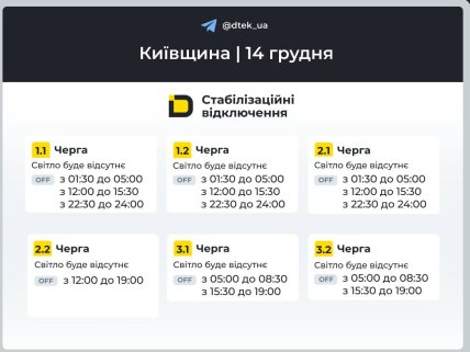 Графики отключений в Киевской области 14 декабря