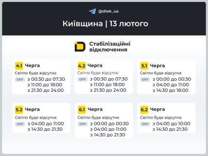 Графики отключений в Киевской области 13 февраля