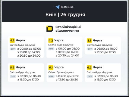 Графіки відключень у Києві 26 грудня