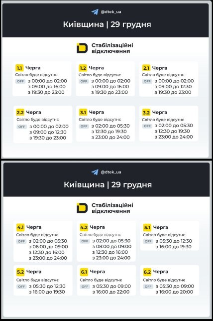 Графік відключення світла в Київській області 29.12.2025