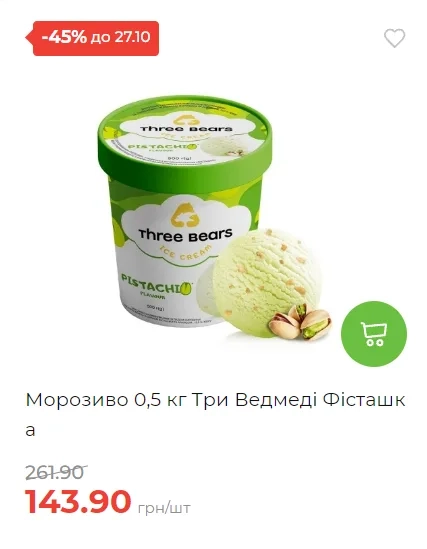 Зелена упаковка фісташкового морозива 0,5 кг, ціна 143,90 грн і перекреслена ціна 261,90 грн