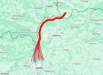 Маршрут реактивних Шахедів, що летять на Київ