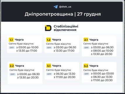 Графики отключений в Днепропетровской области 27 декабря