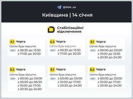 Графіки відключень у Київській області 14 січня