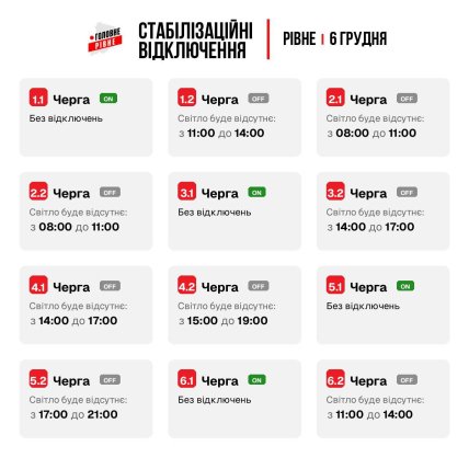 Графіки відключень світла у Рівненській області 6 грудня
