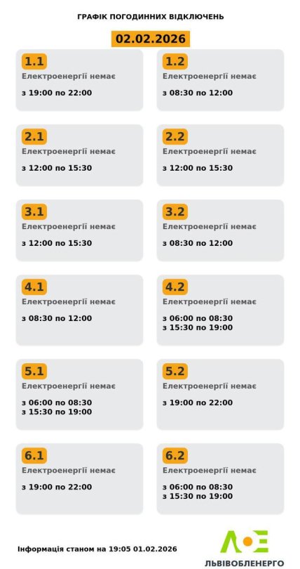 График отключения света во Львовской области 02.02.2026