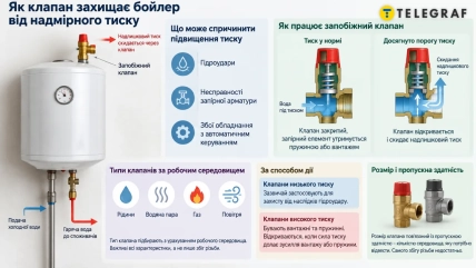 Инфографика с бойлером, предохранительным клапаном и схемами его работы и типов клапанов
