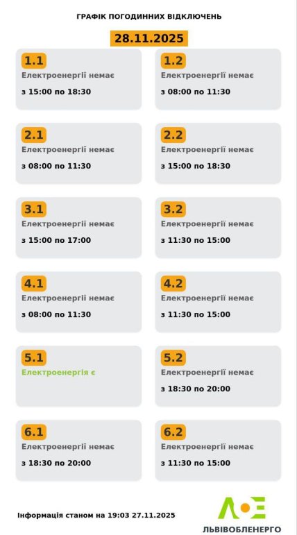 Графіки відключень у Львівській області 28 листопада