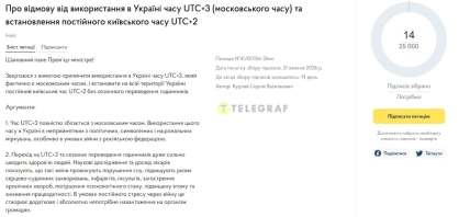 Страница петиции об установлении постоянного киевского времени UTC+2: собрано 14 из 25 000 подписей