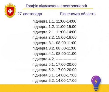 Графики отключения света в Ровенской области 27 ноября