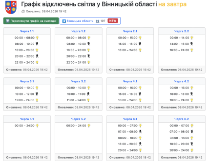 Графіки відключень у Вінницькій області 9 квітня