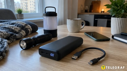 На столе лежат пауэрбанк, фонарик, USB-кабель, телефон и стоит кемпинговый светильник