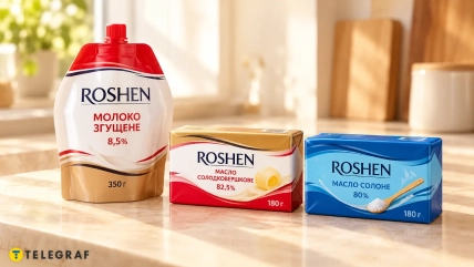 Упаковка сгущённого молока и две пачки масла Roshen на кухонной столешнице