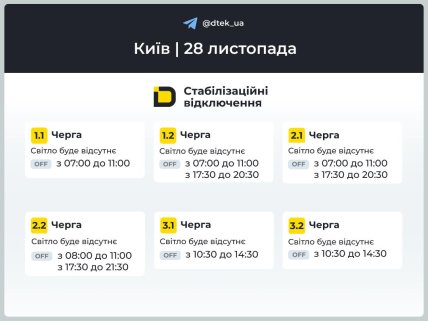 Графіки відключень у Києві 28 листопада