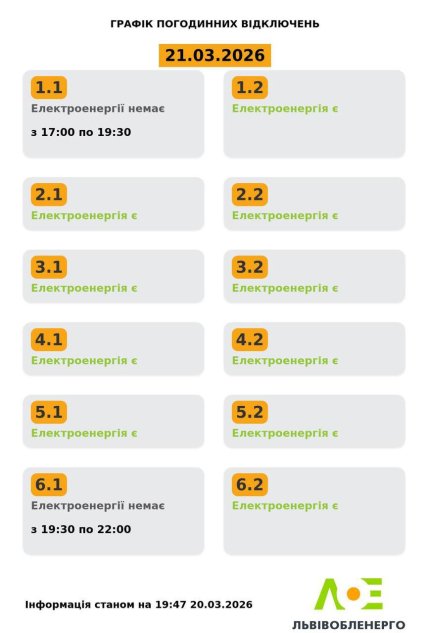 Графіки відключень у Львівській області 21 березня