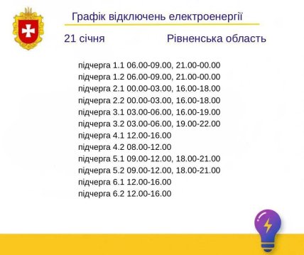 Графіки відключень у Рівненській області 21 січня